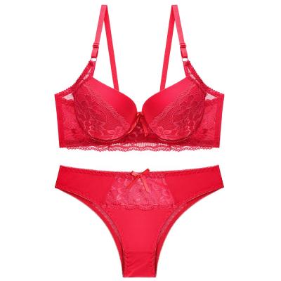 China Viable Wholesale High Quality Breathable Steel Bone Lace Underwear Since Cup Gathered Pump Bra And Panty Sets for sale