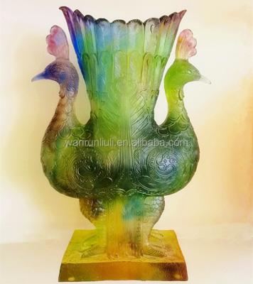 China Europe lalique style crystal peacock shaped vase for collection or home decor for sale