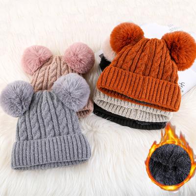 China Women Winter Faux Fur Knitted Double Balls Pom Pom Beanie COMMON Hat for sale