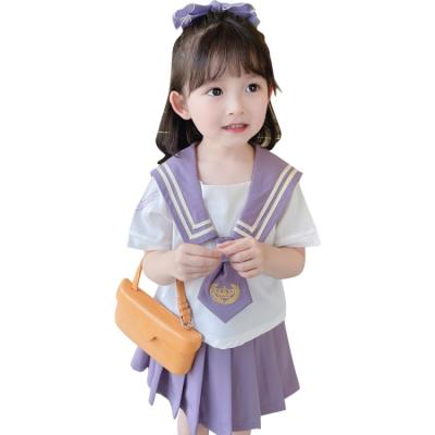 China 2021 Drop Girls Lapel Shorts Casual Sleeve Shirt Tops Pleated Two Piece Skirt Girls Clothing Set for sale