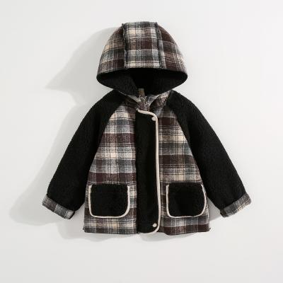 China Autumn Winter Warm Clothes Girls' New Viable Woolen Coat Plus Velvet Children's Medium Plaid Hooded Coat for sale