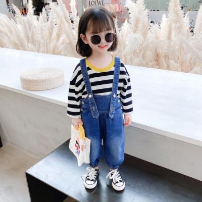 China 2021 Autumn Girl Overall High Quality Casual Denim Striped Long Sleeve T Shirt Outfit for sale