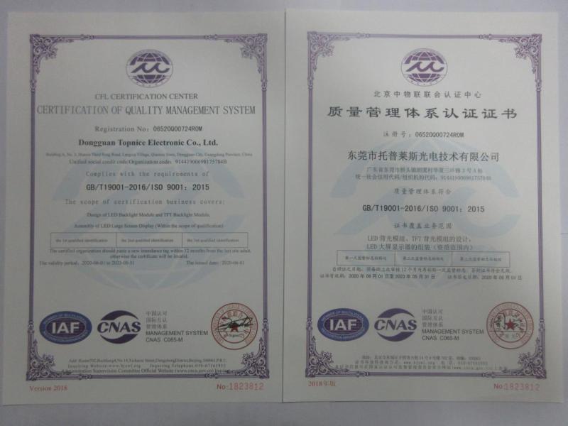 ISO9001 - Dongguan Topnice Optic-Electron Technology Co., Ltd.