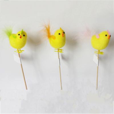 China Polyester Flocking Easter Chicks With Wooden Stick Easter Garden Decoration for sale