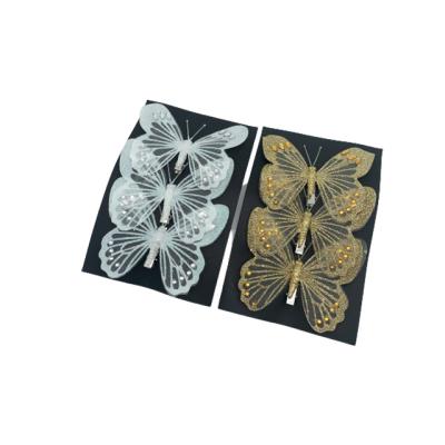 China White and Gold Holiday Festival Artificial Gold Organza Butterfly with Glitter for Christmas Tree Ornaments Artificial Butterfly for sale