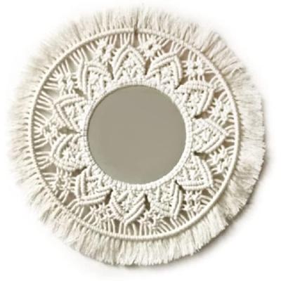 China Mirror Art Wall Pediments Pendant Contemporary Round Handmade Cotton Woven Tassel Tapestry Macrame Wall Hanging for Bedroom for sale