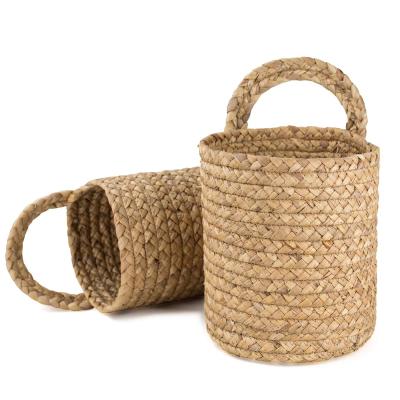 China Sustainable Wall Hanging Storage Basket - Jute Woven Basket with Leather Handle Hanging Pocket Planter Baskets for Flower Plants Towels Toys for sale