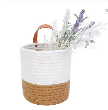 China Sundries Cotton Rope Woven Wall Hanging Basket For Flower Storage Folding Hanging Basket With Leather Handle for sale