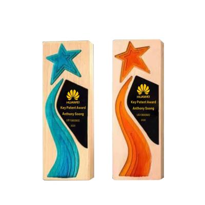 China New Style China Red Blue Star Wooden With Trophy Award Plaque Wooden Base Design for sale