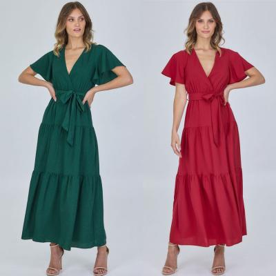 China Anti-Static New Arrivals Wholesale Custom Made Ruffle Long Maxi Casual Pleated Tiered V-Neck Women's Dress for sale