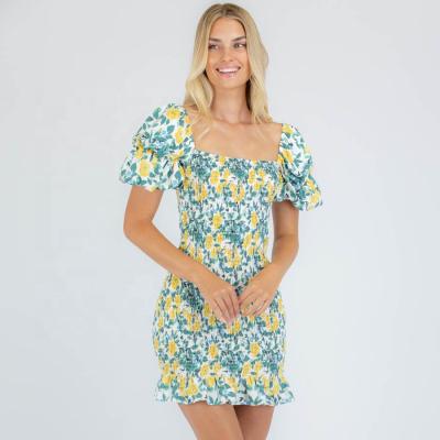 China 2021 Women's Clothing Short Sleeve Bodycon Square Neck Anti-Static Casual Sexy Dress Women's Summer Flower Dresses for sale