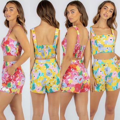 China 2021 Wholesale Custom QUICK DRY Cotton Boho Floral Print Sexy Tops 2 Piece Sets And Two Piece Set Shorts Women Shorts for sale