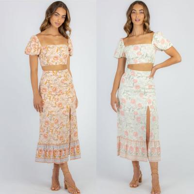 China Wholesale QUICK DRY 2 Pieces 2021 Custom Sexy Cotton Boho Skirt And Print Skirt Vintage Top Women Floral Two Piece Set for sale