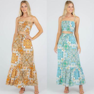 China Bohemian Style Women's Summer Floral Two Piece Sets QUICK DRY Cami Crop Top And Maxi Women Skirt Set Two Piece for sale