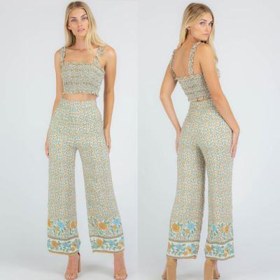 China 2021 Bohemian Style High Waist Floral QUICK DRY Pant Suits Wholesale Two Piece Set Women's Boho Pant Suits 2 Piece Sets for sale