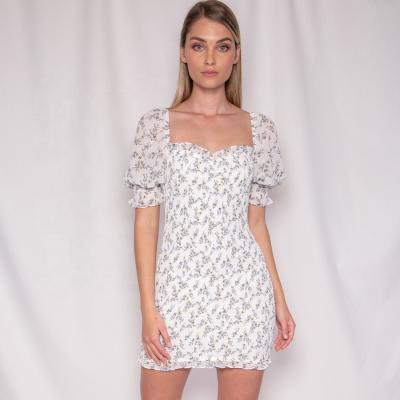 China Anti-static Summer Bodycon Dresses Women's Floral Print Mini Dress Casual Short Sleeve Puff Sleeve Dresses for sale