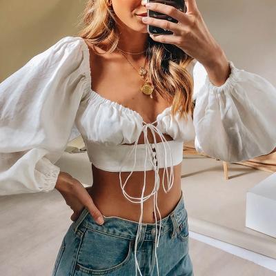 China Sexy Feminine Anti-Wrinkle Ruffle Blouse Ladies Slim Summer Tunic Blouse Fashion 2020 Women Puff Long Sleeve Crop Top for sale