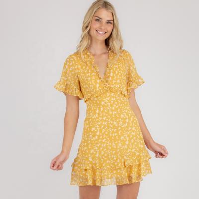 China Wholesale Anti-Static Women Clothing Summer Printed V-Neck Ruffled Dress Yellow Flare Short Sleeve Boho Dresses for sale