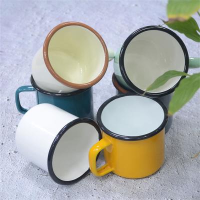 China Sustainable 350ml Color Rim Camper Enamel Cup Mug Light Personalized Enamel Mug for sale