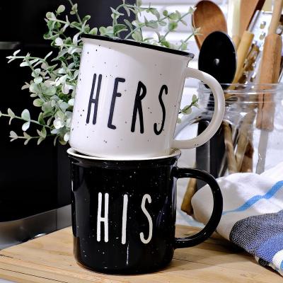 China Sustainable Wholesale Contemporary Customized Enamel Coffee Mug Enamel Mugs for Gifts Print Flower Camping  couple Cup with HANDGRIP for sale