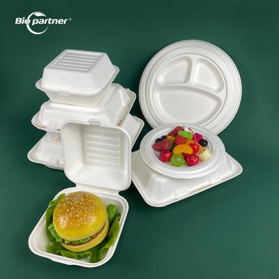 China Biodegradable Burger Lunch Box 3 Compartment Takeaway Bagasse Pulp Food Container for sale