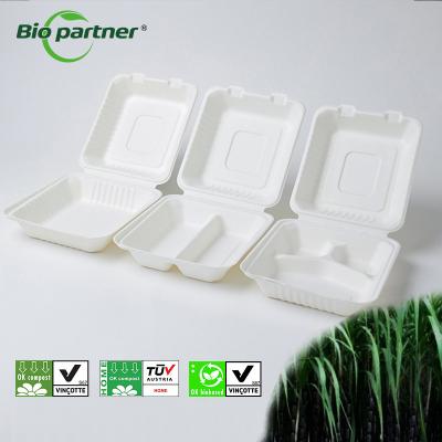 China Eenmalige suikerriet bagasse 3 compartiment lunch box voedselcontainers Te koop