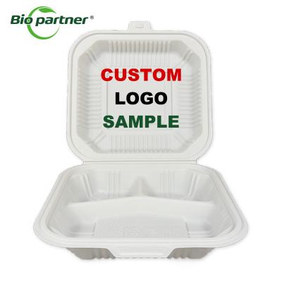 China Customized Logo 3 Compartment Disposable Food Container Cornstarch lunch restaurant Box for sale