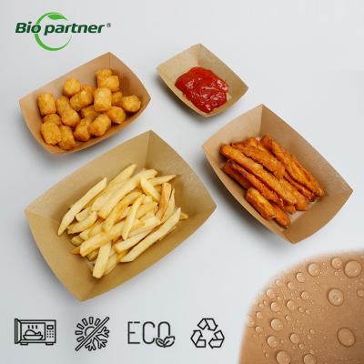 China OEM Logo Bio Degradable Food Packaging Kraft Paper Food Tray for Disposable Takeaway Te koop