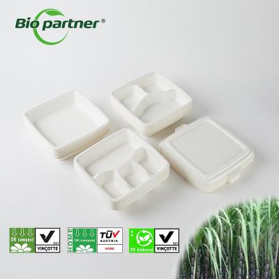 China 100% Environment-friendly 5-compartment Square Sugarcane Bagasse Tableware Food Tray Te koop