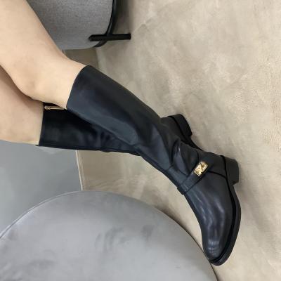 China Winter Warm Women's Zipper Waterproof Lace Up British Cowboy Retro Ladies Tall Flat Tube Boots Heel Boots for sale