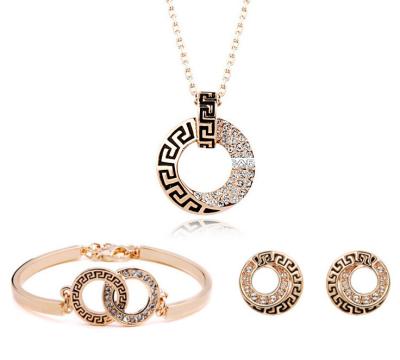 China JS three-piece set of new fashion jewelry retro CLASSIC double ring full diamond earrings necklace concentric crystal bracelet for sale