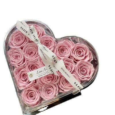 China Preserved Rose Valentine's Day 100 Red Roses Jewelry Gift Heart Shape Acrylic Eternal Preserved Rose Box for sale