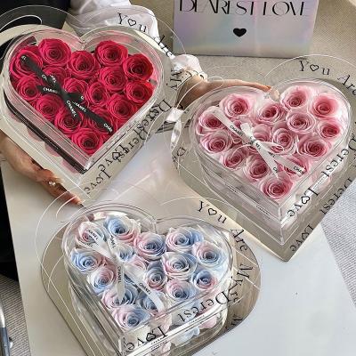 China 100% Preserved Nature Fresh Rose Factory Hot Sale Valentine's Day Real Flowers With Jewelry - Flower Gift Valentine Heart Shape Acrylic Preserved Rose Box for sale