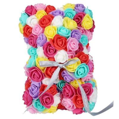 China Pe 25Cm Artificial Flowers Rose Bear Gift With Clear Gift Box For Christmas Birthday Wedding Valentine'S Day Decor for sale