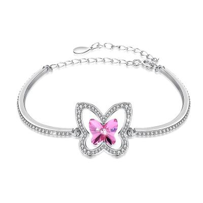 China Rose Dangling Crystal Butterfly 925 Sterling Silver Bulk European Popular Silver Charm Bracelet Bangle CLASSIC for sale