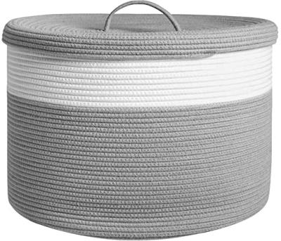 China Sustainable Whit/Gray/Dark Gray Color Utility Cotton Rope Laundry Hamper Woven Storage Baskets With Gray Lid for sale