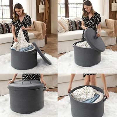 China Sustainable Utility Cotton Rope Laundry Hamper Woven Storage Baskets With Lid With All Dark Gray Color for sale