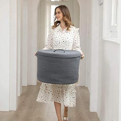 China Sustainable Utility All Dark Gray Cotton Rope Laundry Hamper Woven Storage Baskets With Lid for sale