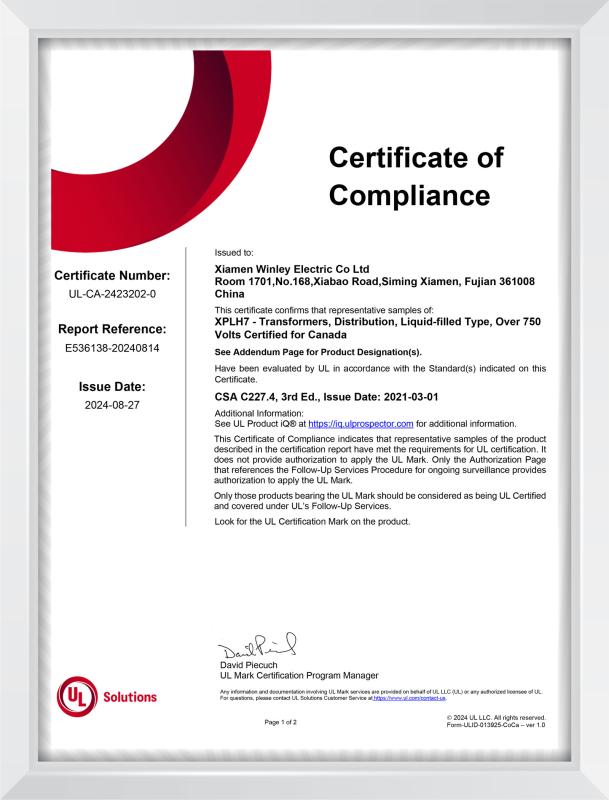 cUL certificate - Xiamen Winley Electric Co.,Ltd