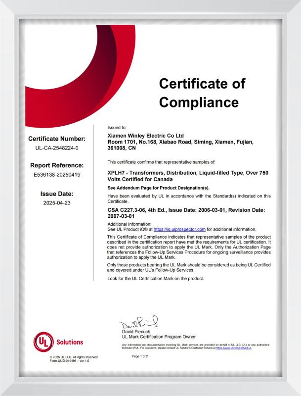 cUL certificate - Xiamen Winley Electric Co.,Ltd