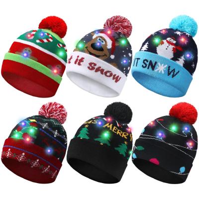 China Popular LED Christmas Hat Light Up Party Snowman Elk Unisex Christmas Tree Flanged Knitted Hat with Ball and LED for sale