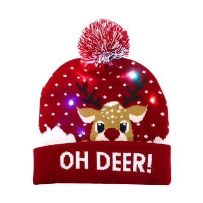 China Popular LED Christmas Hat Light Up Party Snowman Elk Unisex Christmas Tree Flanged Knitted Hat with Ball and LED for sale