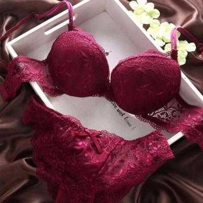 China High Quality Women's Sexy Bowknot Lace Bra Briefs One Piece Bras Sets Fashion Lace Transparent Lift Up Bra And Panty Women Underwear Set for sale