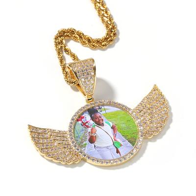 China Hiphop Back Circle Wing Picture Photo Pendant Necklace Solid Mic Pave Charm Men's Hip Hop Rock Jewelry for sale