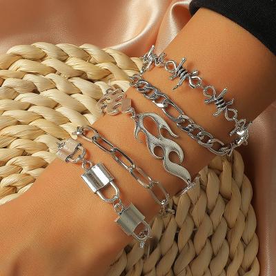 China 5 Pcs Punk / Set Lock Bracelets Women Bracelet Set Flame Chain Charms Bracelets Fashion Vintage Silver Color Metal Punk Bracelet for sale