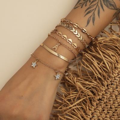 China BOHEMIA 6 Pcs/set Gold Color Punk Star Heart Letter Thick Female Bohemian Bracelet Set Jewelry For Women for sale