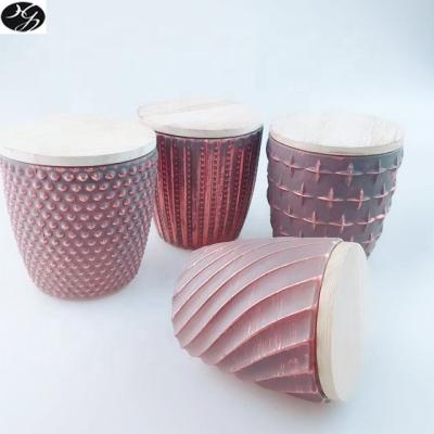 China Hand Painted Embossed Reddish Brown 6oz Candle Glass Jars With Wooden Lid Wholesale for sale