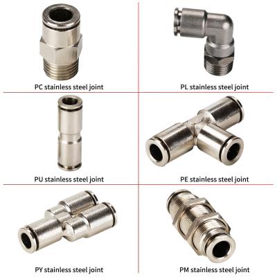 China Building Material Shops Pneumatic Air Hose With Thread Straight Through 304 Stainless Steel Right Angle Quick Flattening Fitting PL PC PU PE PY P.M. Pneumati for sale