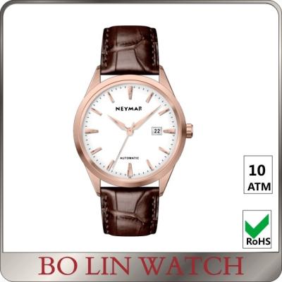 China Luxury Mechanical Brown Genuine Leather Watches With Date Working for sale