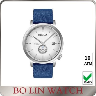 China Chrono Dial Navy Blue Leather Mens Watches , Silver Case Real Leather Watch for sale